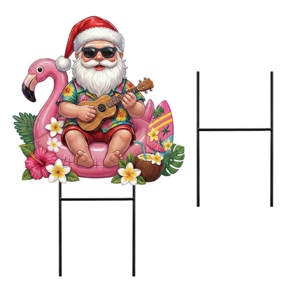 Amyhill July Christmas Outdoor Decor Summer Christmas Metal Yard Sign with Stake Tropical Flamingo Santa Claus Decorative Lawn Sign for Indoor Outside Garden Pathway Walkway Holiday Hawaii Party Decor