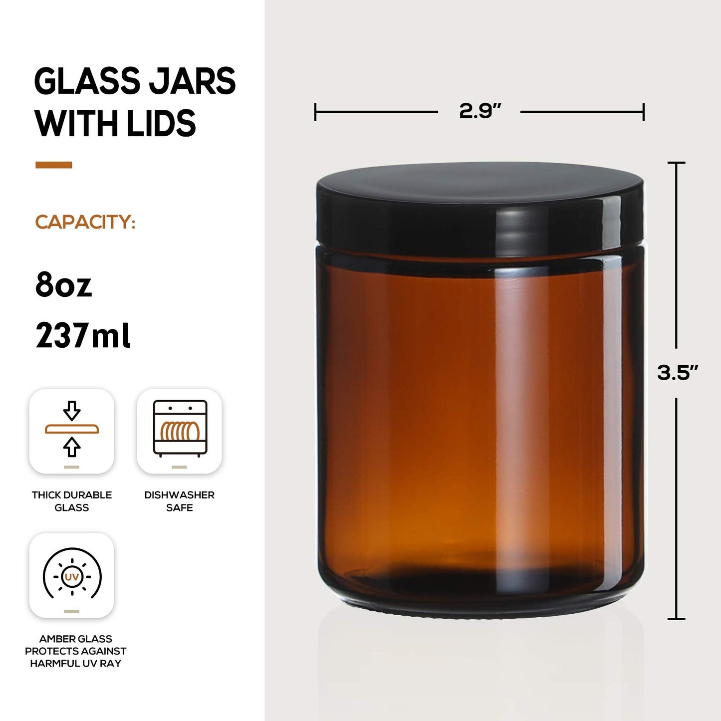 24 Pack 8oz Amber Glass Jars with Black Lids - For Candle Making, Food Storage, Canning, Spices, Liquids - Leakproof & Dishwasher Safe