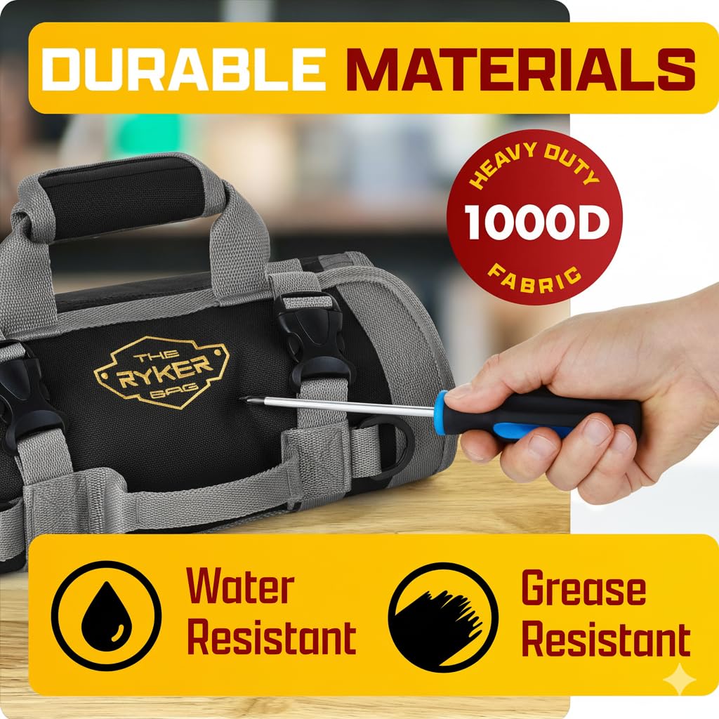 The Ryker Bag Black Roll Up Tool Bag Organizer – Heavy Duty Motorcycle Tool Roll with Detachable Pouches for Mechanics, Electricians, Plumbers & DIY Storage, Practical Gift for Dad (Black)