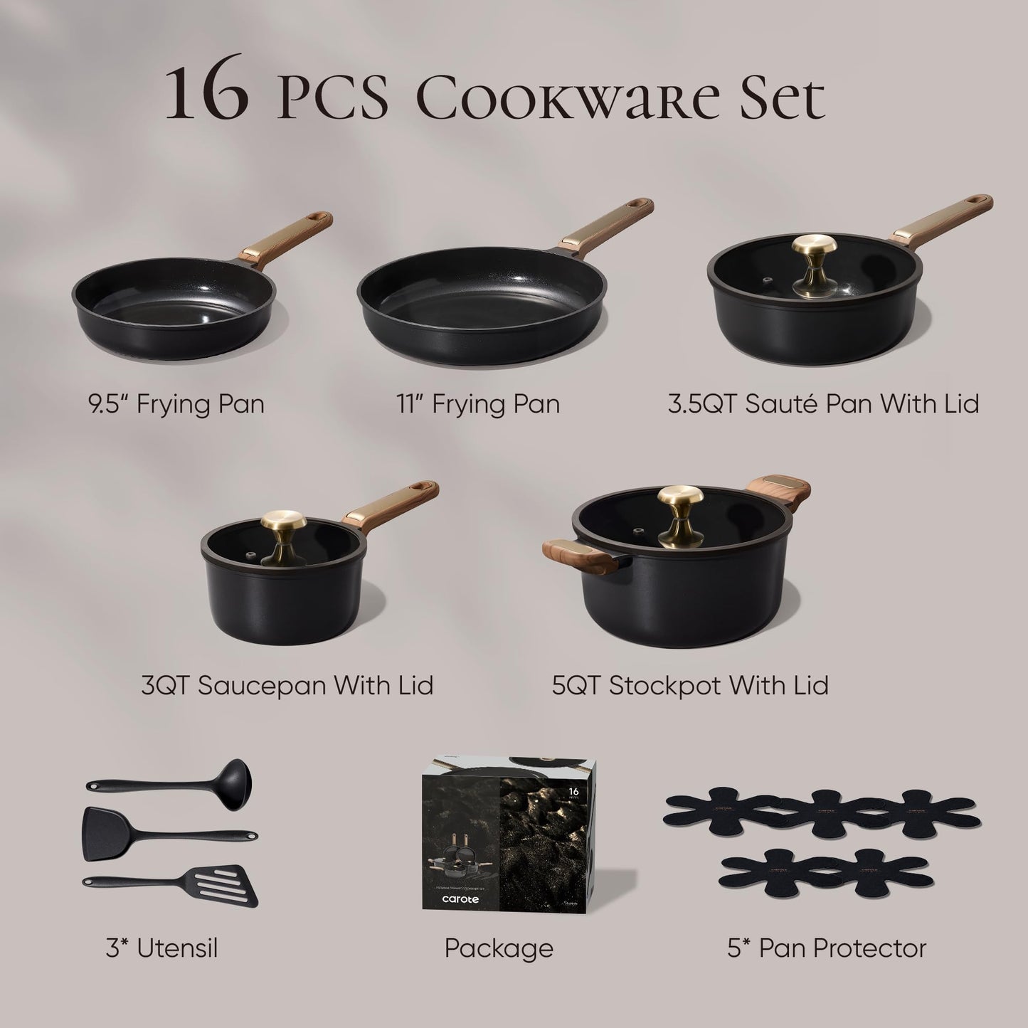 CAROTE Ceramic Cookware Set Nonstick, 16pcs Pots and Pans Set Nonstick, Non-Toxic & PFAS-Free, Dishwasher, RV/Camping Cookware Set, Cooking Pots with Lids, Charcoal Black