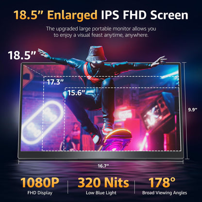 Portable Monitor 15.6" FHD 87% sRGB 60Hz IPS HDR HDMI USB-C Travel Monitor for Laptop MacBook PC Surface PS5 Xbox, External Display with Kickstand & Speakers, VESA Compatible