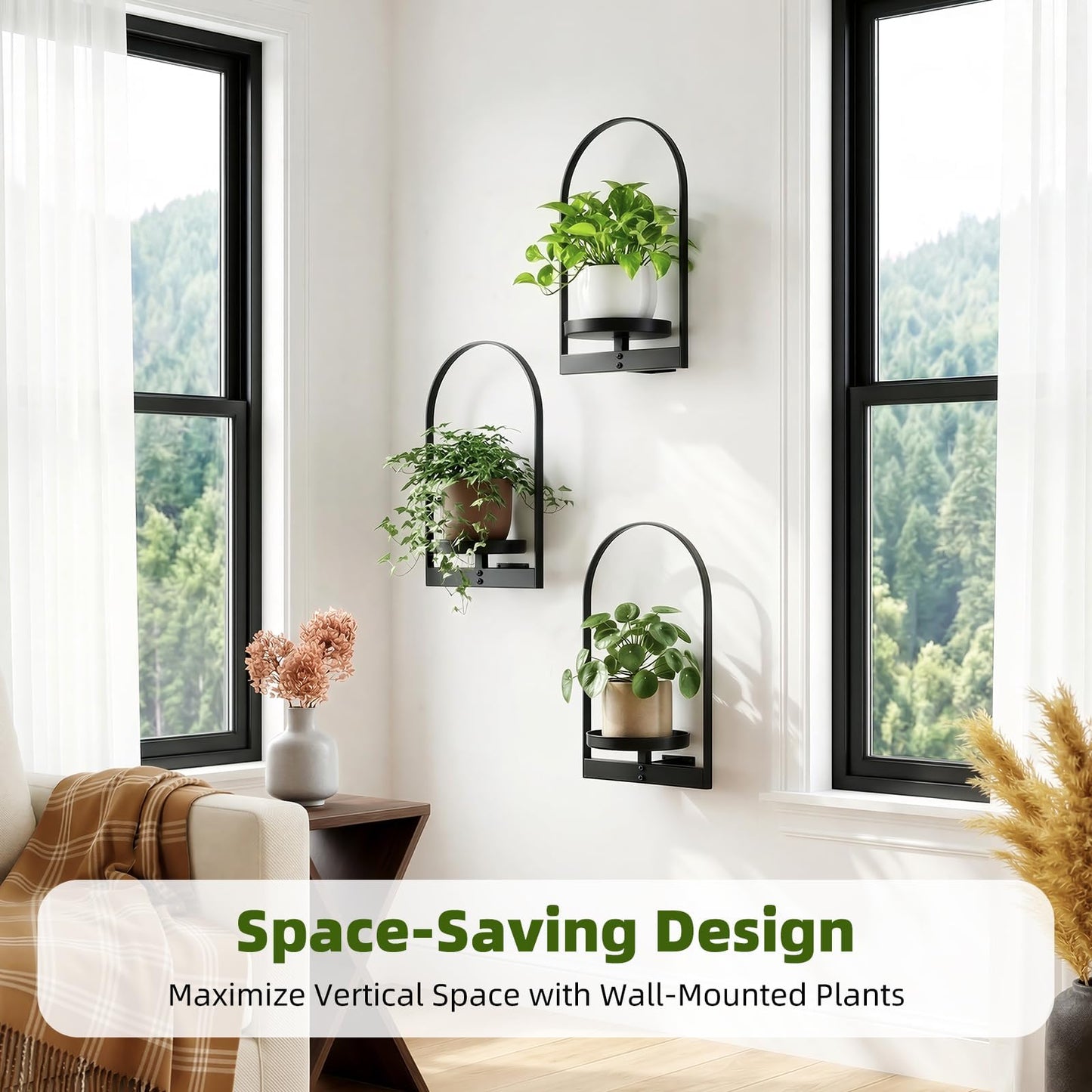 3 Pack Wall Plant Holder for Indoor Plants, Metal Wall Mounted Plant Shelf for Small Pots, Modern Arch Hanging Wall Planter Display with Hooks, Plant Frame Wall Decor for Living Room, Bedroom, Black