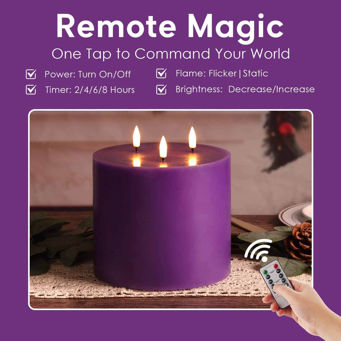 Girimax 3 Wick Purple Flickering Flameless Pillar Candle with Remote, 6x6 inch Large LED Candle Battery Powered Real Wax Coating Home Decor