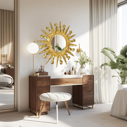 YIWEMON Golden Sun Wall Mirror Decorative 24 inch Metal Frame Mirror Sunburst Boho Mirror for Entryway Bedroom Living Room Bathroom House Warming Gifts New Home Essential