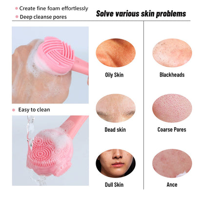 Silicone Facial Cleansing Brush 3 Pack, Beomeen 4 in 1 Handheld Face Scrubber for Deep Gentle Exfoliating, Double-Ended Face Wash Scrub Brush for Face Skincare and Massage (Green)