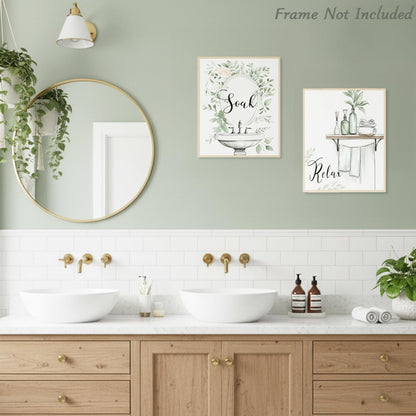 Dazzlewall 4pcs Relax Unwind Breath Soak Wall Decor, Minimalist Sage Green Leaves Bathroom Bathtub Washbasin Toilet Wall Art Poster, 8x10 in Unframed