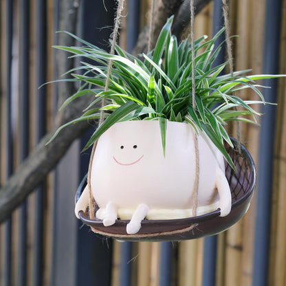 UMESONG Hanging Swing Chair Planter Pot Smiley Face Planter for Indoor Outdoor Plant Cute Head Resin Flower Pots for String of Pearls Plant Live Unique Gift IdeaI for Mother Day, Christmas (Large)