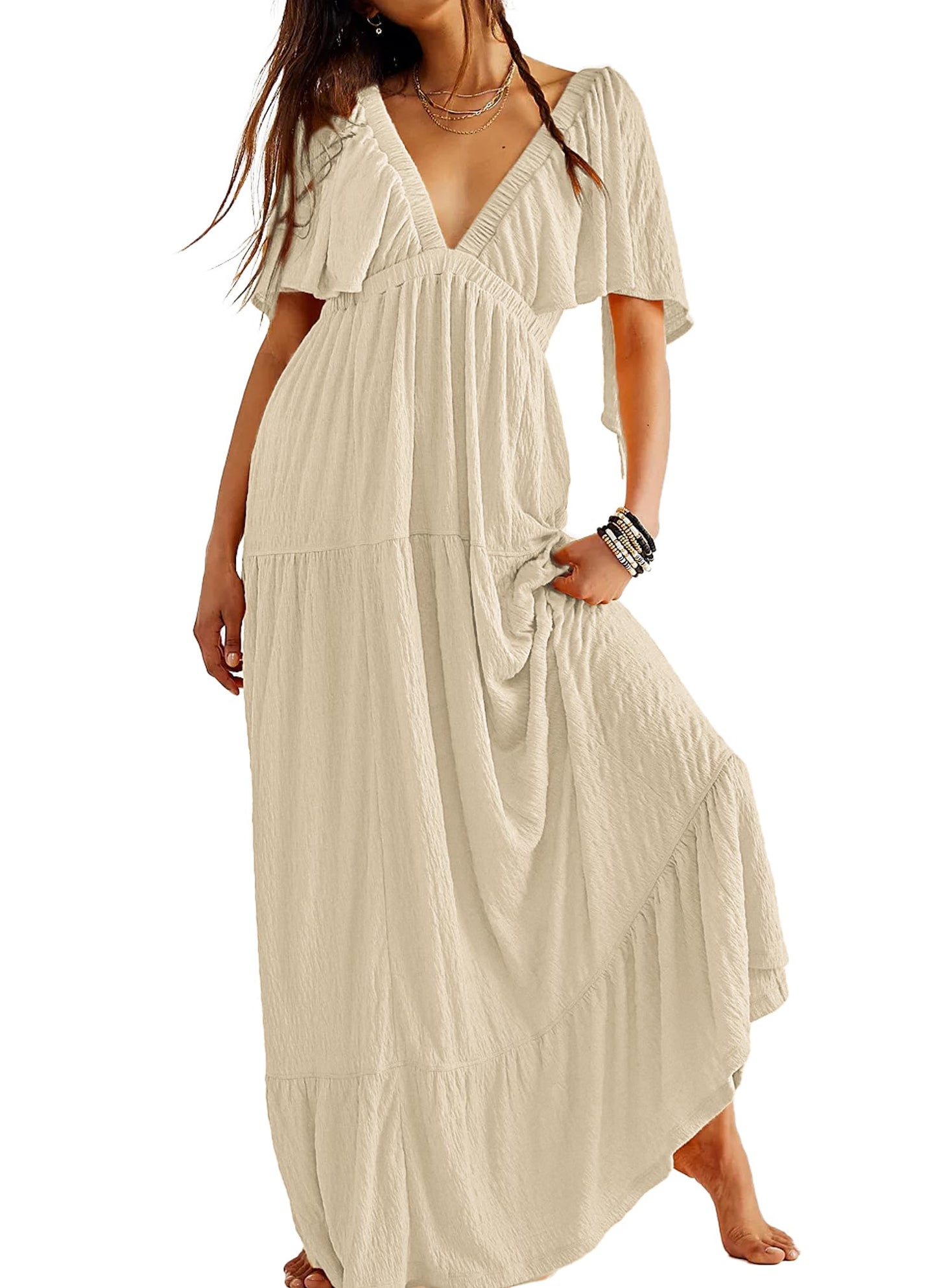 Kikibell Women Summer Dresses Sexy V-Neck Maxi Dress Tiered Silhouette with Flutter Sleeve Backless Elastic Waist Flowy Dress