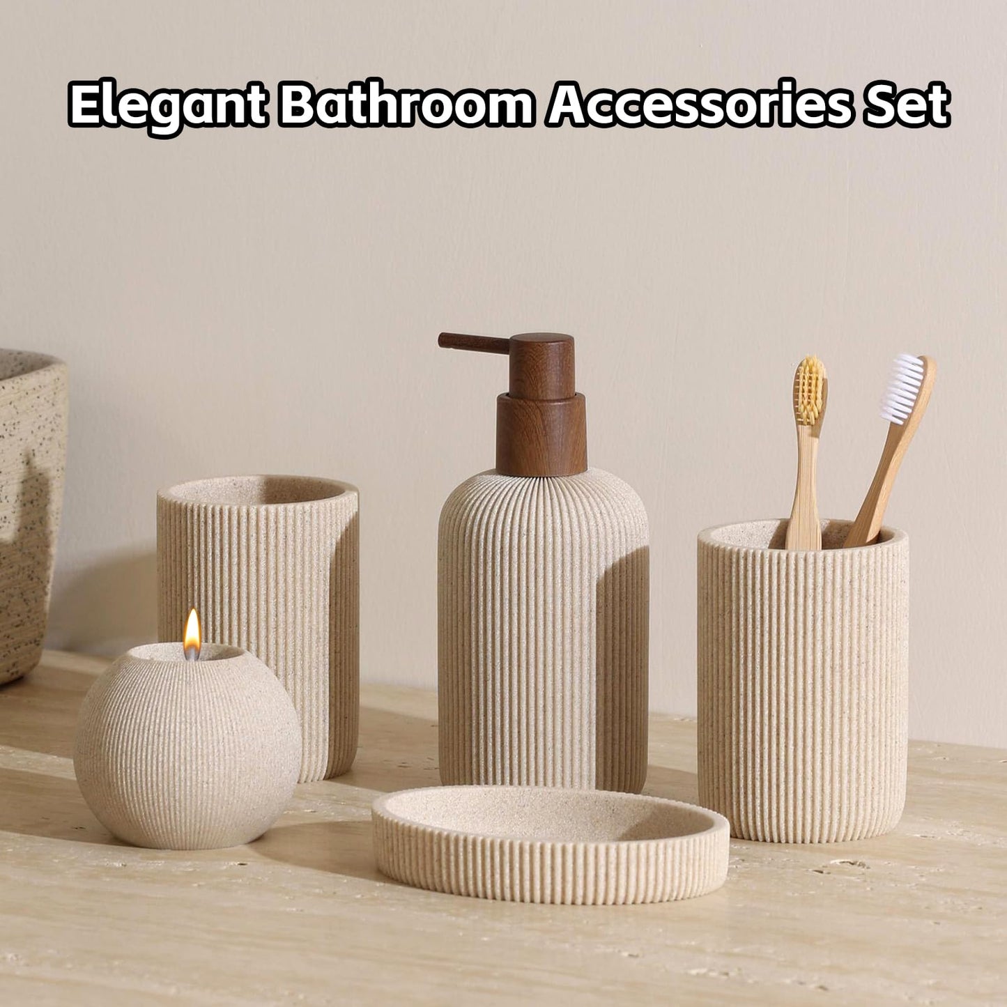 WUUAHOME Bathroom Accessories Set, 5 PCS Sandstone Look Stripe Modern Bath Organizer with Soap Dispenser, Toothbrush Holder, Tumbler, Soap Dish, Candle Holder for Countertop Kitchen Sink (Beige)