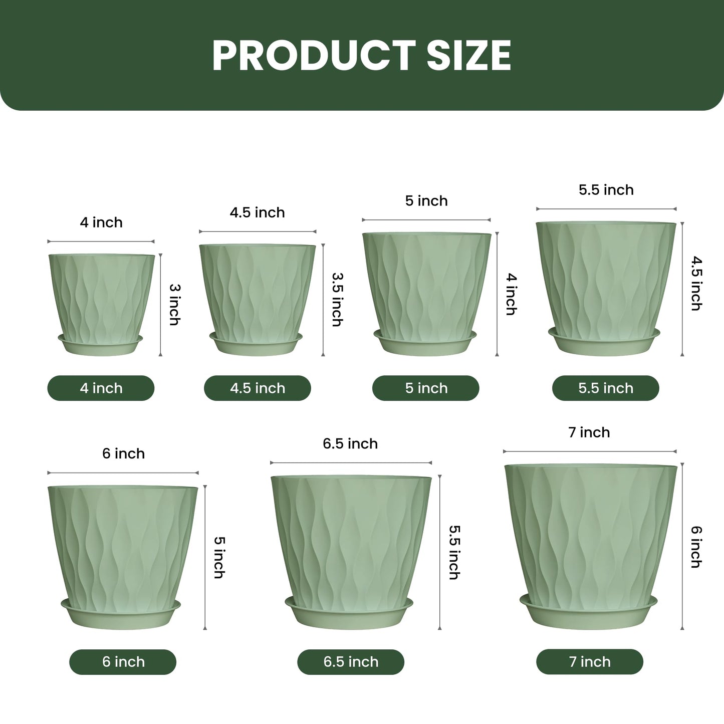 LESOASIS Plastic Plant Pots, 7/6.5/6/5.5/5/4.5/4 inch Flower Pots with Drainage Holes and Trays, 7 Pack Planter for Indoor Outdoor Plants (Green)