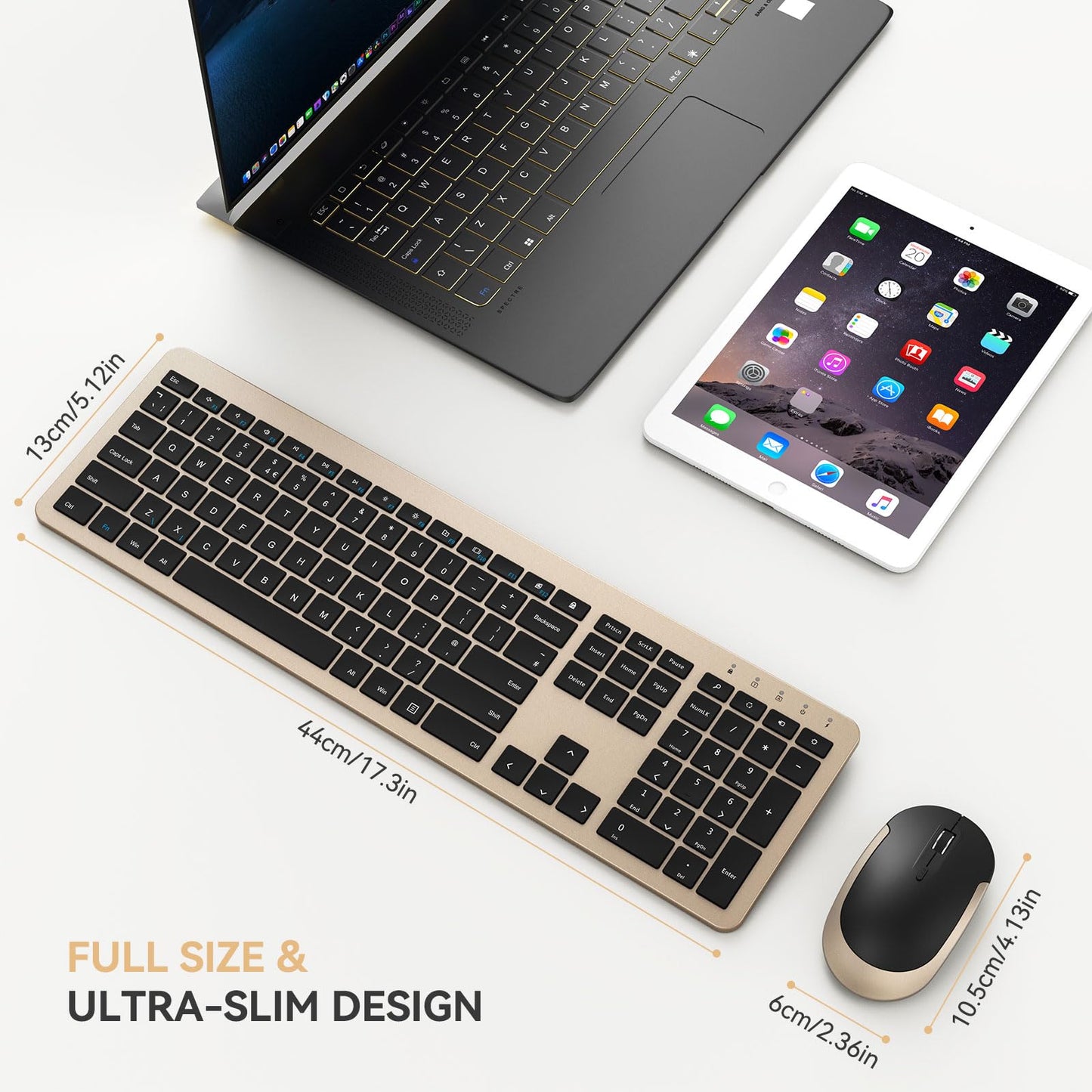 seenda Wireless Keyboard and Mouse Set, SK38 Ultra Slim Quiet USB Wireless Keyboard and Mouse Full Size QWERTY UK Layout with Numeric Keypad for Windows PC, Laptop, Computer, Black and Gold
