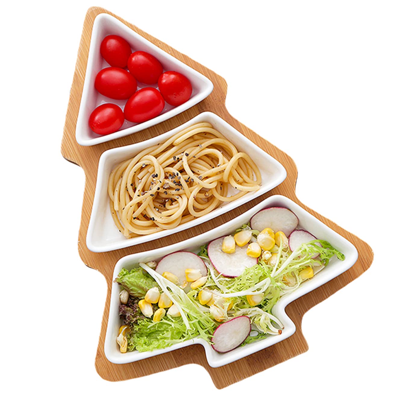 ROSE CREATE 11.6 Inches Big White Snack Appetizer Trays Set, Christmas Tree Dessert Serving Dishes, Snack Platter, 3 pcs Removable Porcelain Plates with Bamboo Tree Tray