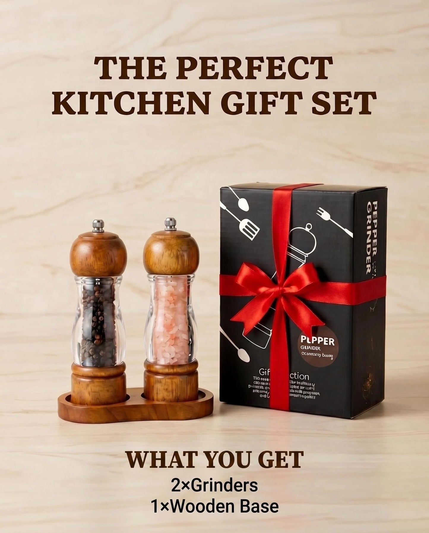 Dzmbv Wooden Salt and Pepper Grinder Set with Tray - 6.3 Inch Refillable Manual Pepper Mill & Sea Salt Grinder, Acrylic Window, Adjustable Ceramic Rotor for Peppercorns, House Warming Gifts
