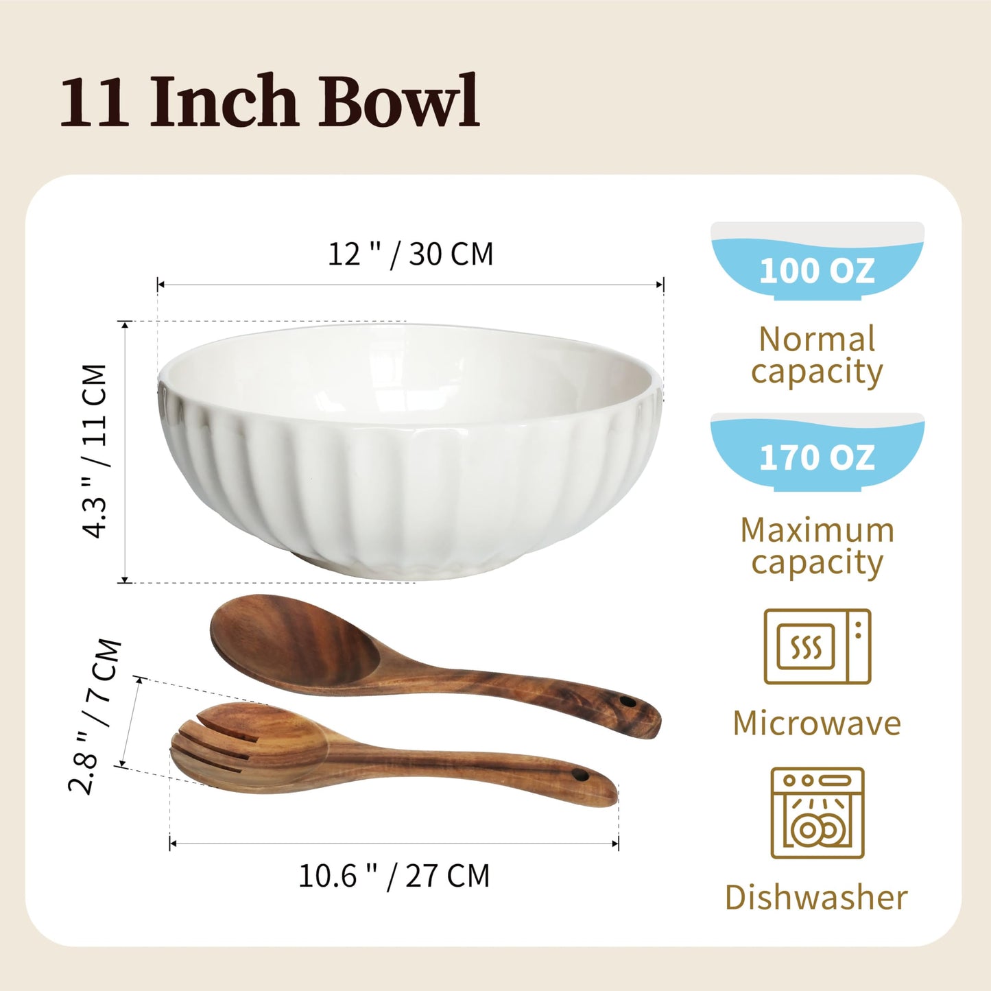 seicasaya 12-Inch Large Ceramic Salad Bowl Set with Wooden Servers, Decorative Serving Bowl with Ribbed Design for Pasta, Fruit (White)