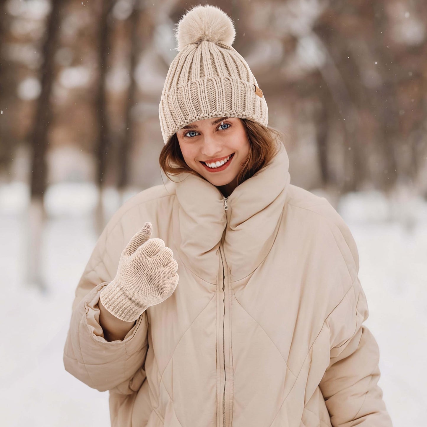 Winter Beanie Hat Gloves Set for Women Fleece Lined PomPom Hat Touchscreen Gloves