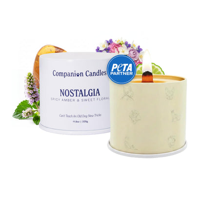 Companion Candles Nostalgia Pet-Friendly Scented Candle – Spicy Amber & Soft Floral Fragrance, Coconut Soy Wax with Wooden Wick, Approx. 50-Hour Burn Time, Made in USA, 11.8 oz