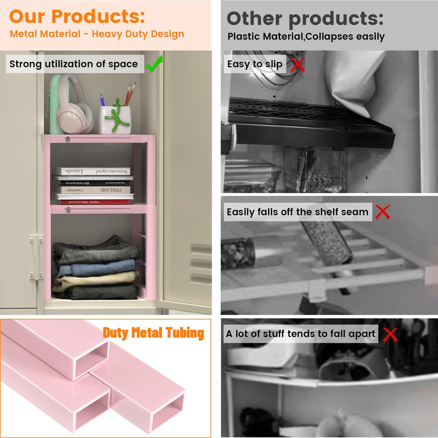 LIDTOP Locker Organizer Shelf Pink, Adjustable Width and Height, Stackable Metal Locker Storage Organization, Ideal Locker Fits Standard Size School, Office, and Gym Lockers