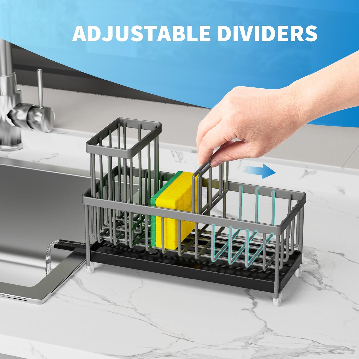 Cisily Black Sponge Holder for Kitchen Sink, Sink Caddy Organizer with High Brush Holder, Kitchen Countertop Organizers and Storage Essentials, Rustproof 304 Stainless Steel, Soap Dispenser Organize