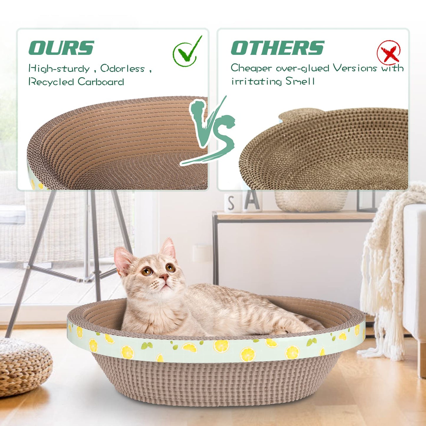 ROMOHOM Oval Cardboard Cat Scratcher Bed Lounger Couch for Indoor Cats, Corrugated Cat Scratching Pad Box Durable, Cat Scratch Lounge Furniture Protection (17.32 Inch)