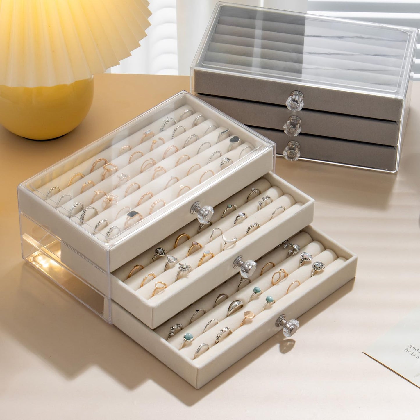 SPAKOWN Ring Box Display Holder, Clear Velvet Jewelry Storage Tray Organizer for Ring Stud Earring (Grey - 3 Drawers)