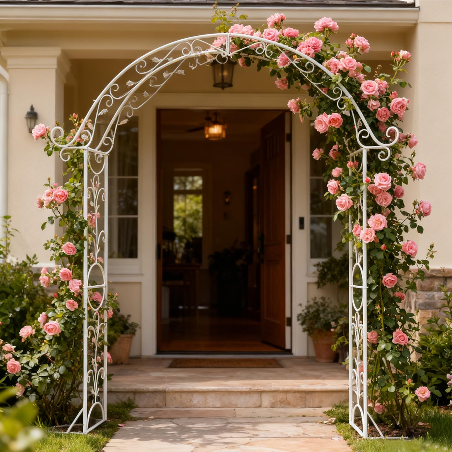 Sungmor Metal Garden Arbor, 92.5" High x 11.8" Wide Outdoor Garden Arch Trellis, Elegant White Archway for Wedding Party Event, Climbing Plants and Vine Flowers Support, Lawn Patio Yard Decoration