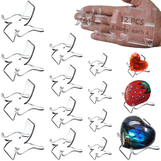12 PCS Rock Display Stand Mini Acrylic Easel Stands ( 3 Sizes ) Acrylic Rock Holder Rock Stands for Display Multiple Sizes Small Collectibles - Crystal Painted Rock Geodes Rock Mineral Agate Fossil