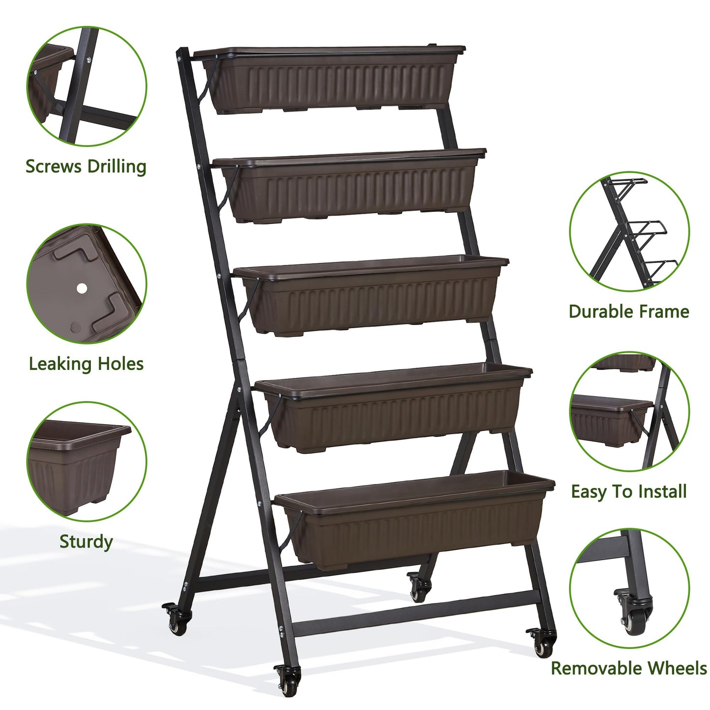 VECELO 5-Tier Vertical Garden Bed, Freestanding Elevated Raised Garden Planter with 5 Garden Planter Boxes, Lockable Caster Wheels, Drainage System, for Plants, Vegetables, Flowers, Herbs