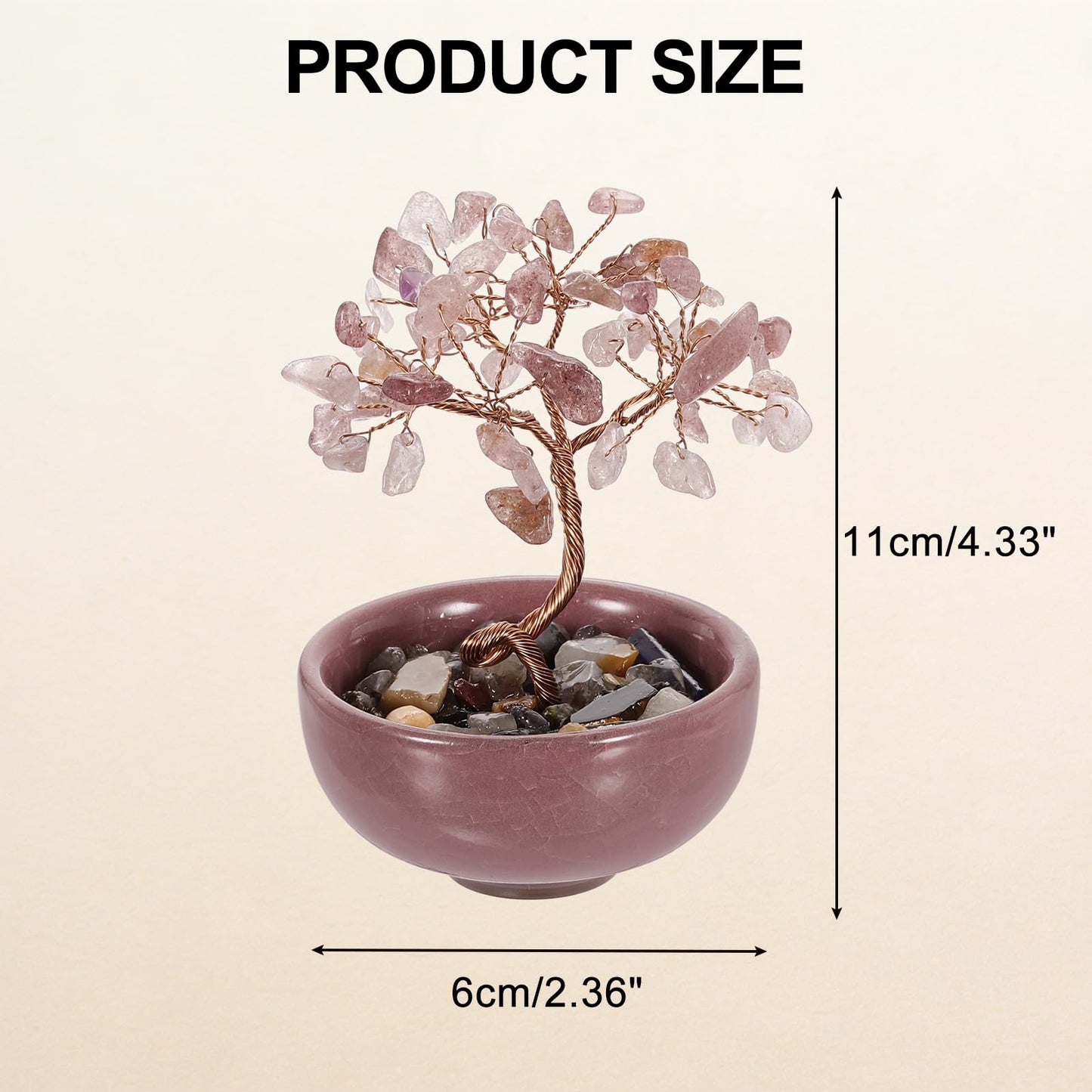 MECCANIXITY 7 Chakra Crystal Tree of Life, Natural Strawberry Crystal Gemstone Tree Handmade Feng Shui Bonsai with Agate Base for Positive Energy, Luck, Home Office Decor (4x2.4Inch Pink)