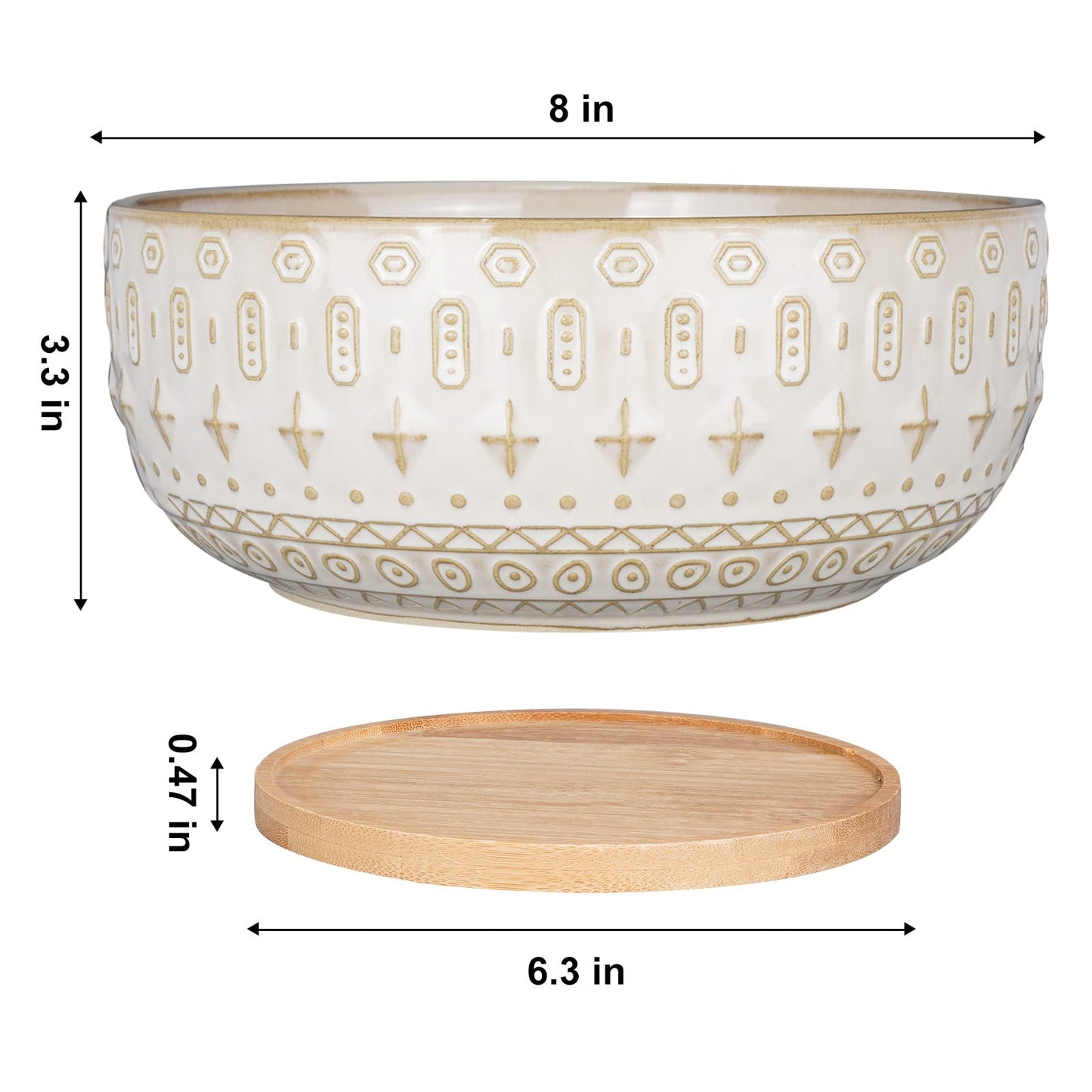 Fivepot 8 Inch Ceramic Succulent Planter Pots with Drainage Hole Flower Pot for Indoor Plants Round Shallow Bonsai Pot with Bamboo Tray White