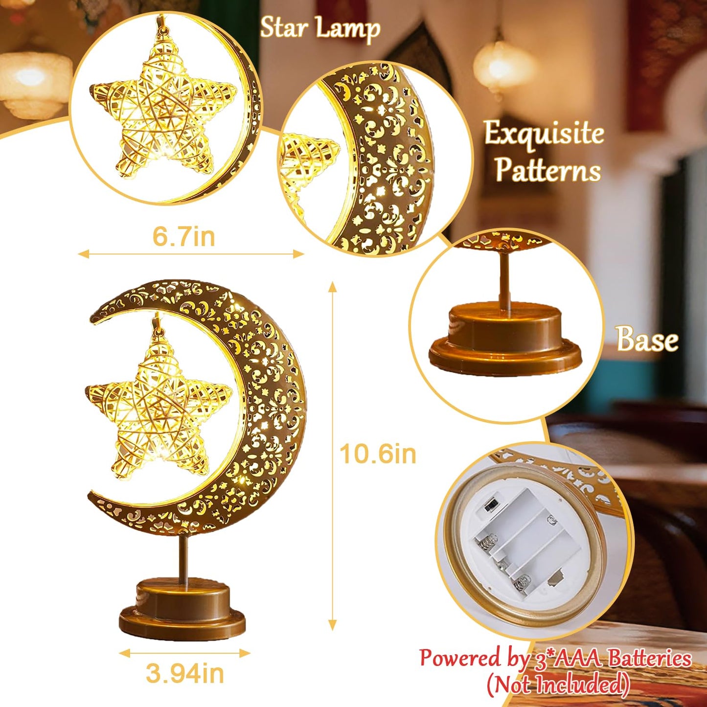 Lifnatty Ramadan Decorations Moon Lamp, Ramadan Decor for Home, Eid Mubarak Decorations, Ramadan Eid Gifts, Enchanted Lunar Table Lamp, Half Moon Lights, Battery Operated Moon Star Night Light