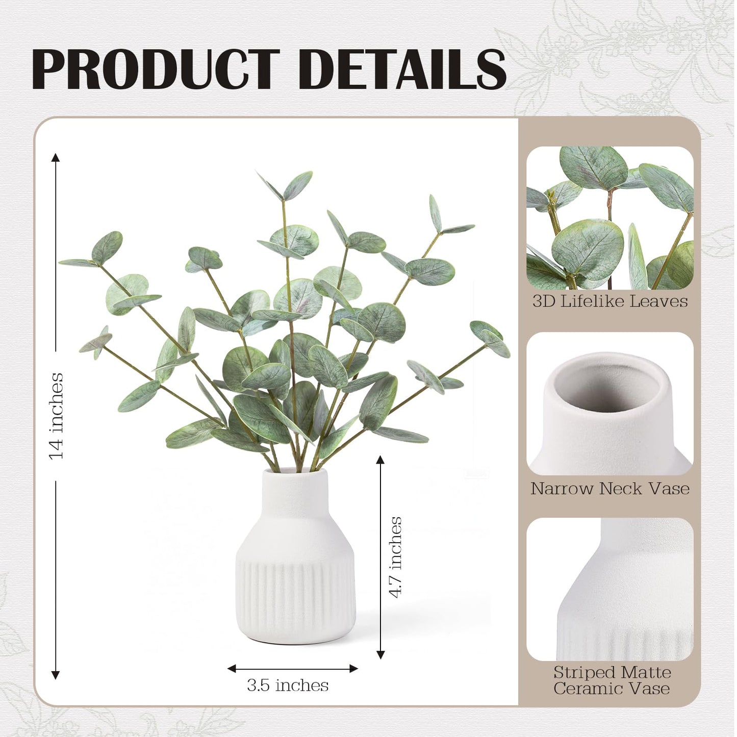 FIACO Artificial Eucalyptus Stems in Ceramic Vase, 14" Fake Plants for Home Decor, Coffee Table Centerpiece Bathroom Shelf Dining Table Farmhouse Faux Greenery Plants Indoor Decorations