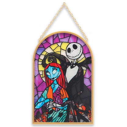 Open Road Brands Disney Nightmare Before Christmas Jack and Sally Hanging Glass Wall Decor - Beautiful Jack Skellington Wall Art for Home