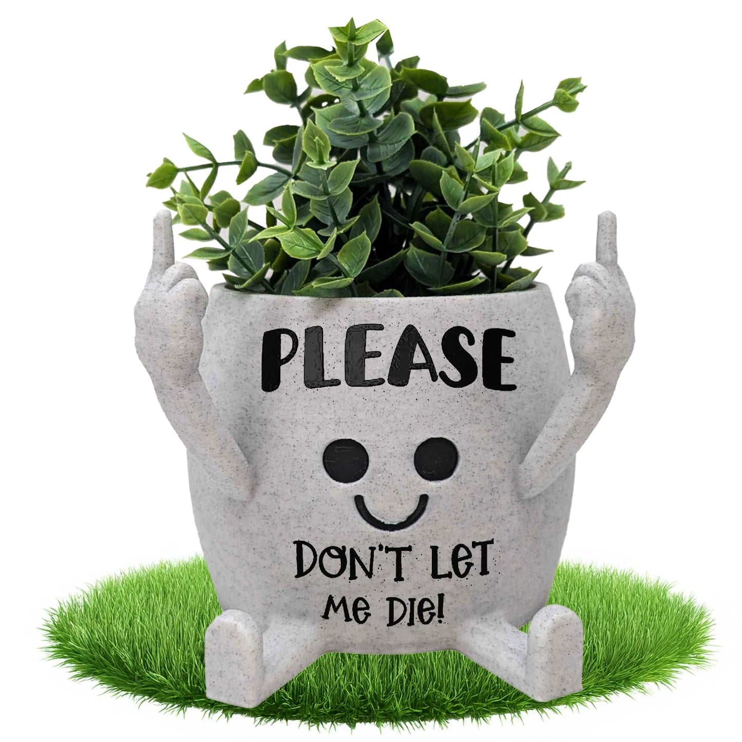 Funny Face Head Planter Pot, Unique Small Succulent Flower Pot, Cute Cactus Planter, Indoor Outdoor Home Decor, Office Desk Plant Pot, Novelty Gardening Gift Set (Please Don't Die, Medium)