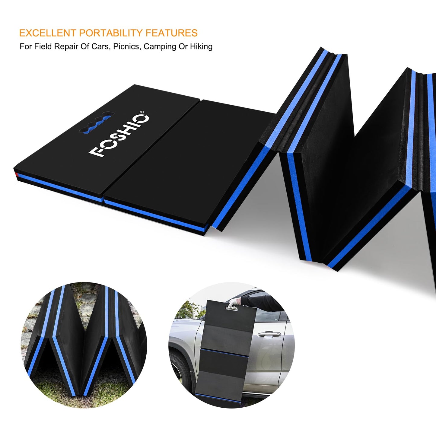 FOSHIO Foldable EVA Mat with Carrying Handles - Thick Kneeling Mat for Under Car, Garage, Picnicking, Gardening, Camping, Home Gym (Blue)