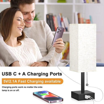 Aooshine Bedside Lamps, Table Lamp with USB C+A Charging Ports, Small Lamp with 3-Color Modes with Pull Chain, Bedroom Lamps with Beige White Fabric Shade(LED Bulb Included)