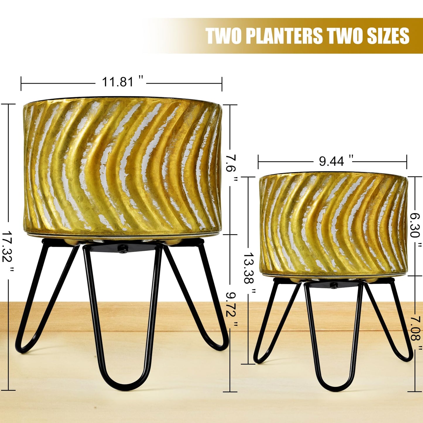 Harvest Land Plant Pots with Stand, Set of 2 Large Modern Planters Metal Tall Handmade Flower Pots with Drainage Holes Indoor Outdoor,Gold