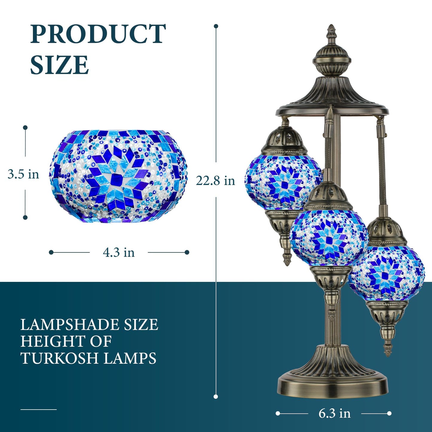 Marrakech Turkish Lamp 3 Globes Moroccan Table Lamp with Bronze Base, 23" Tall Handmade Blue Tiffany Mosaic Glass Night Light Fixture Including LED Bulb for Living Room Bedroom Decor