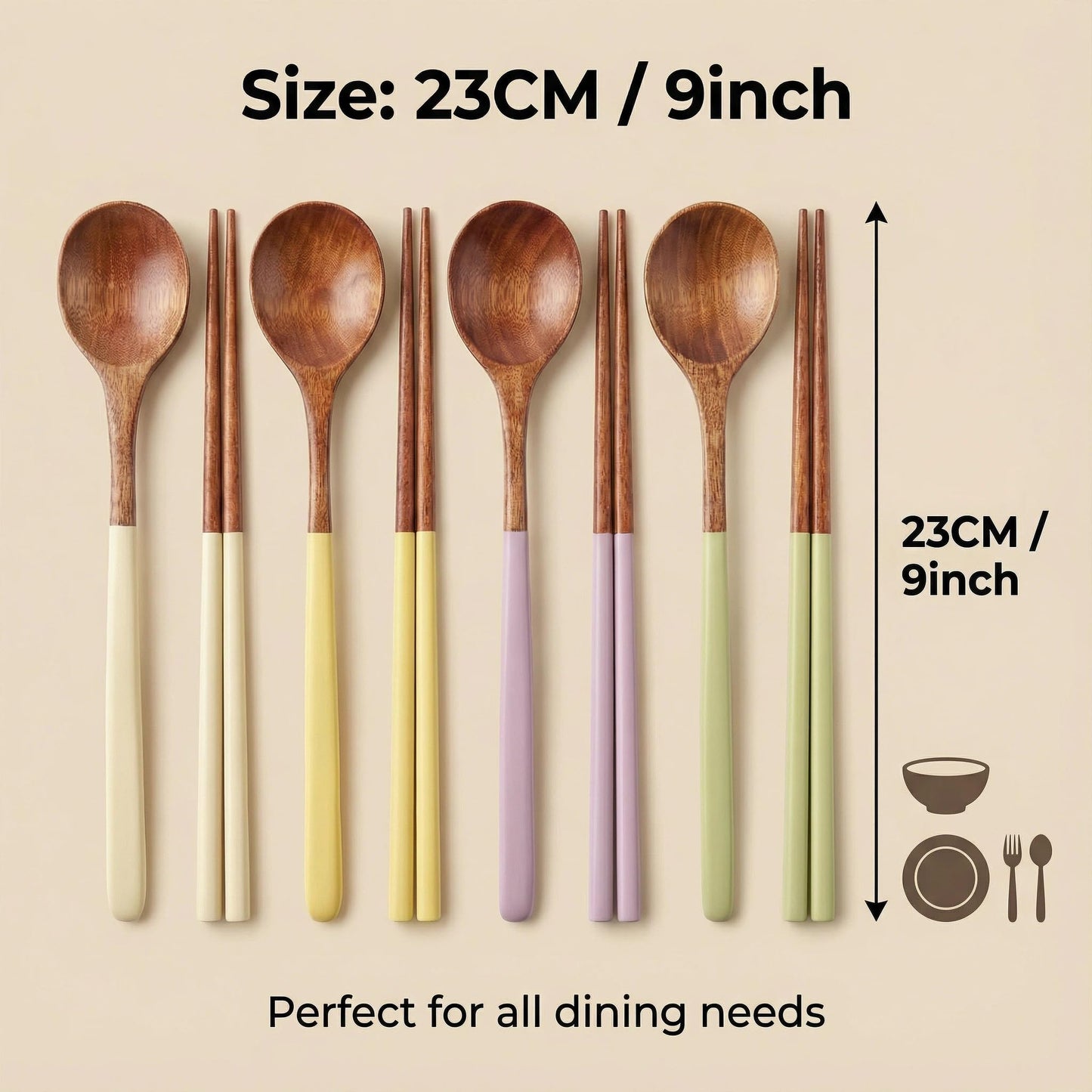 Handmade Wooden Cutlery Set by Diulazin - 4PCS Reusable Spoon and Chopsticks, High-Grade for Daily Use, Parties, Banquets, Buffets, Catering - Eco-Friendly, 9 Inch (Style D)