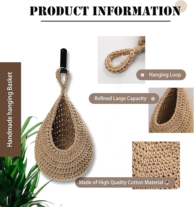 Hanging Fruit Large Basket Set of 3, Boho Wall Hanging Storage Basket