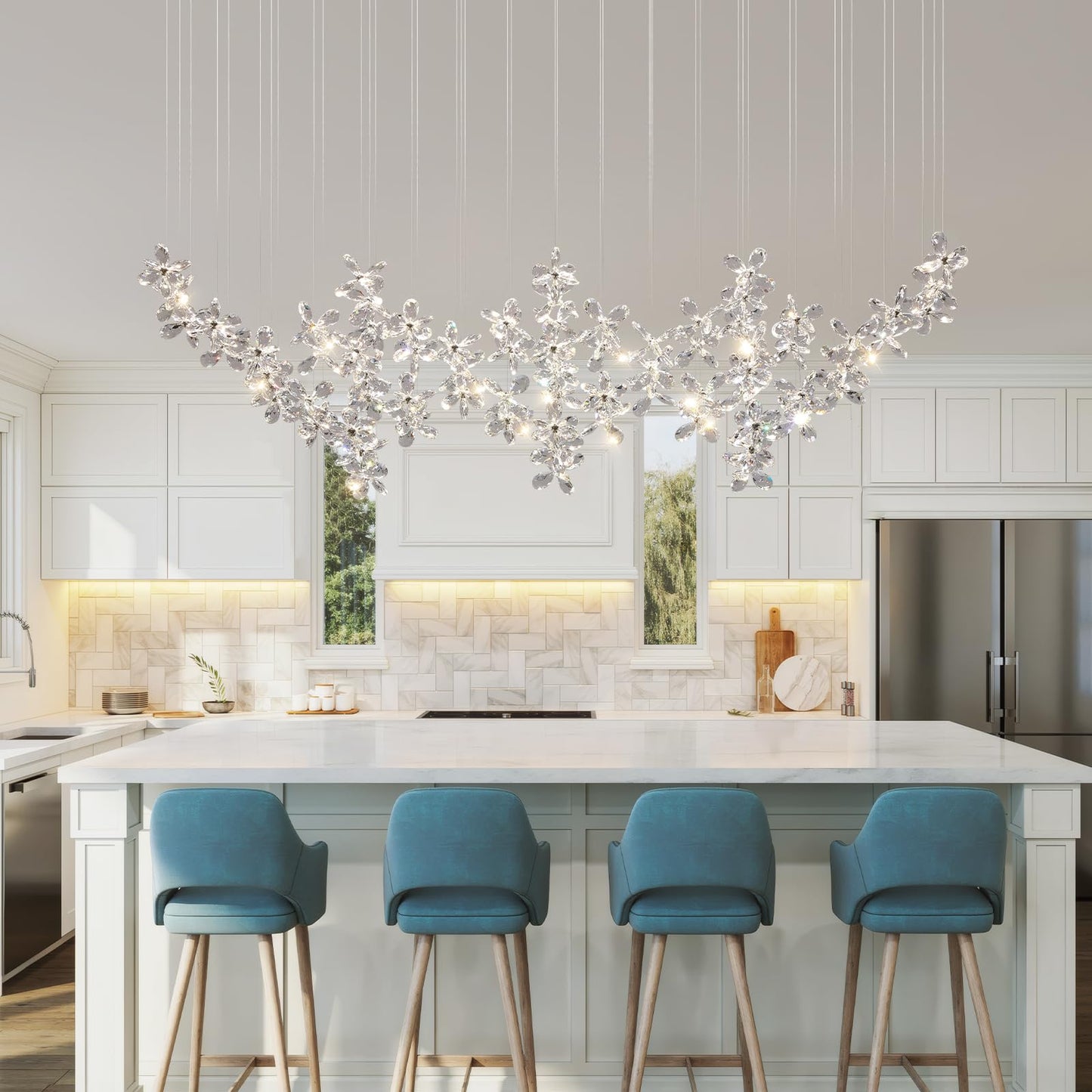 HAILUNBAO Rectangle Modern Dining Room Chandelier Kitchen Island K9 Crystal Raindrop Chandelier Sliver Linear Flower Chandelier for Dining Room Rain Drop Bling Lamps Kitchen Chandeliers Over Island