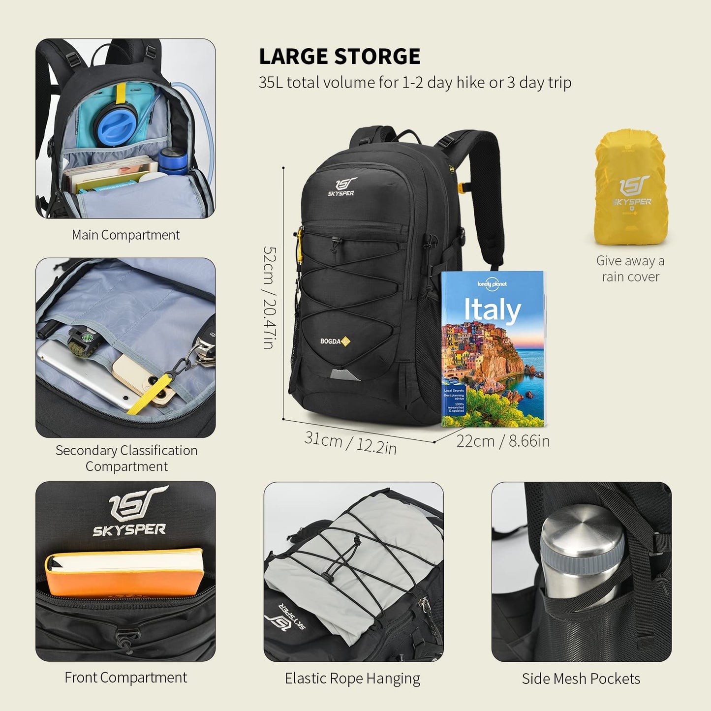 SKYSPER Rucksack 35L Hiking Backpack, Lightweight Travel Backpack Camping Trekking Backpack for Men Women