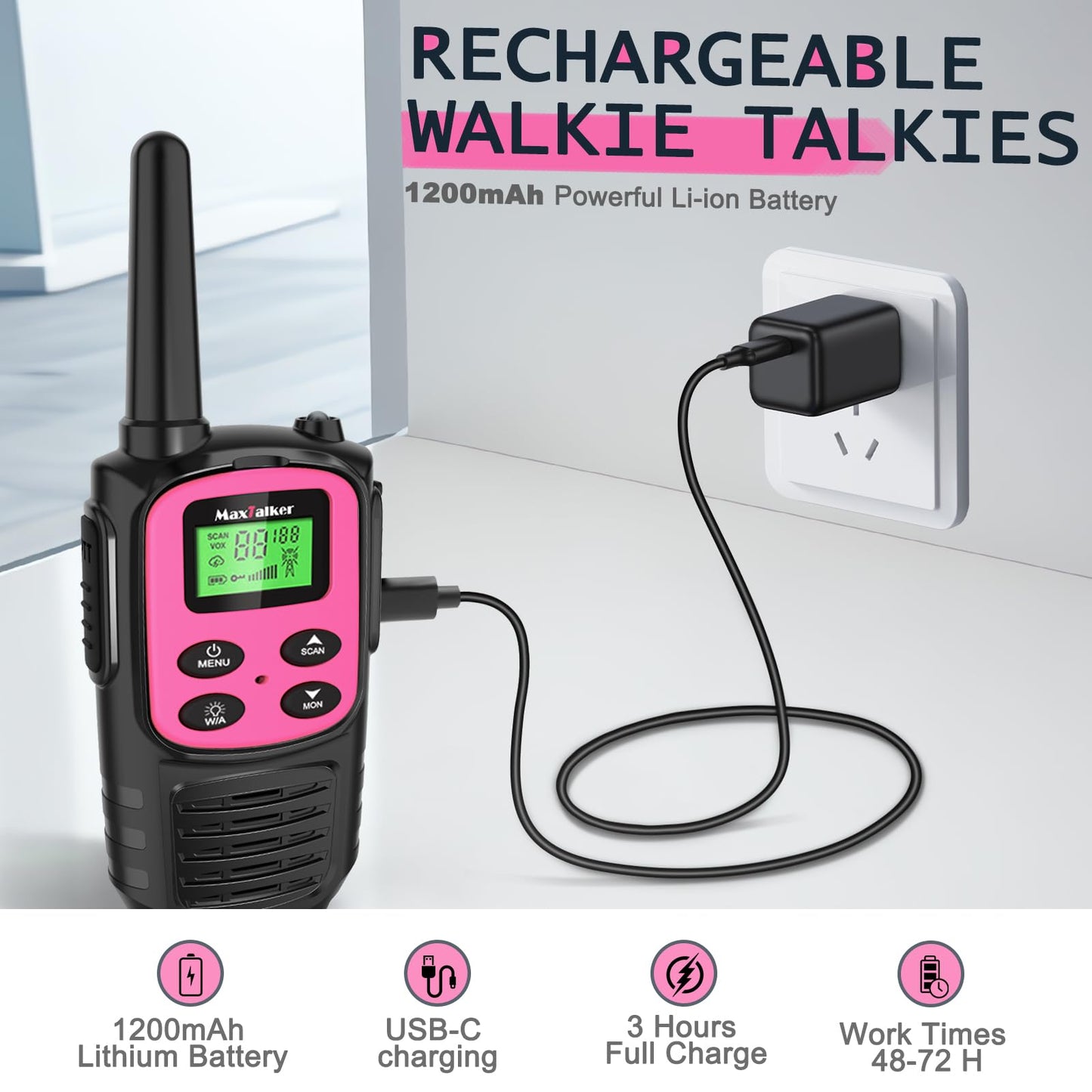 Walkie Talkies Long Range for Adult, MT10 Rechargeable Walkie Talkies FRS Two Way Radio, NOAA, 1200mAh Li-ion Battery USB-C Cable, LED Flashlight, VOX Walkie Talkie for Hiking Camping 2Pack