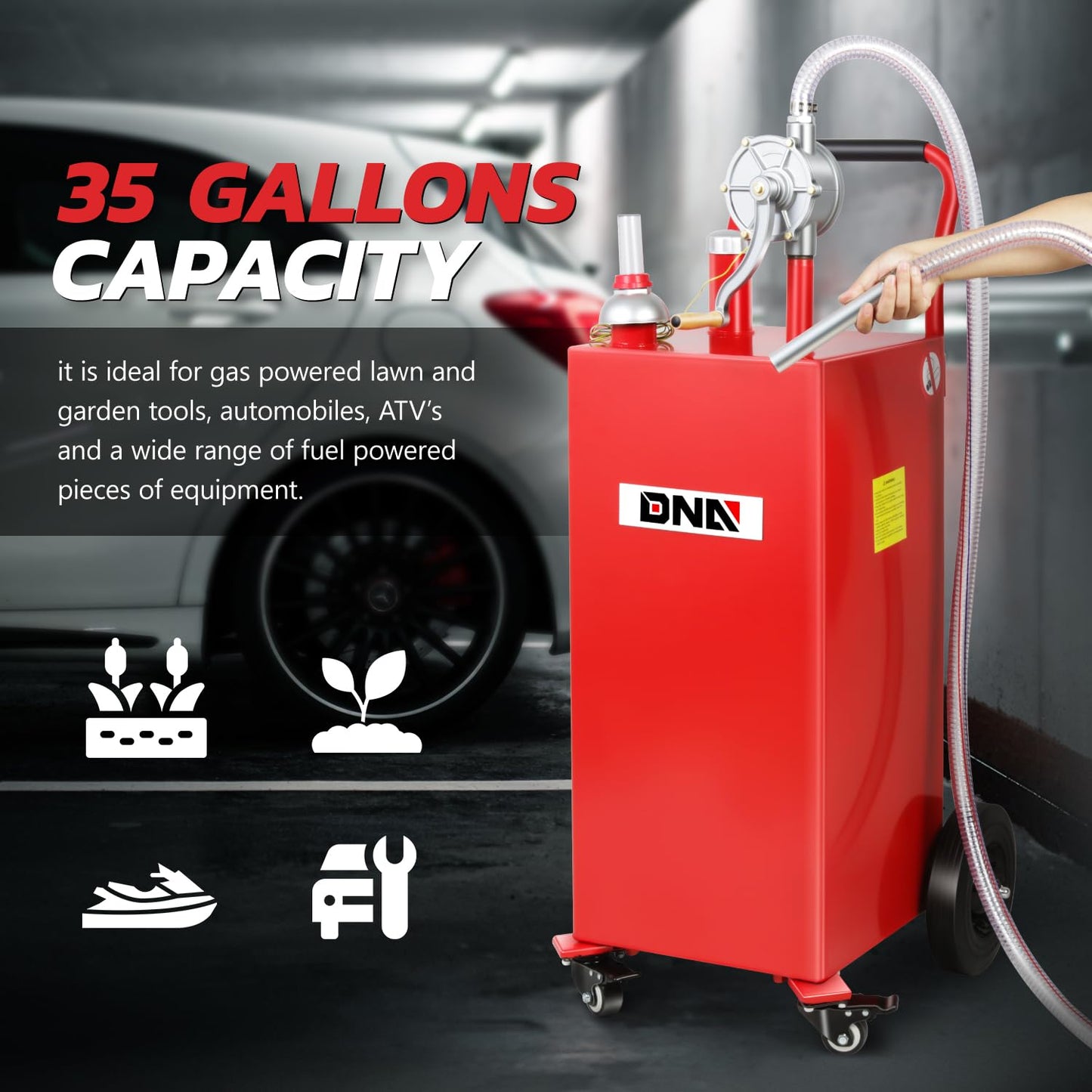 DNA MOTORING 35 Gallon Gas Caddy Fuel Tank Container, Large Gasoline Diesel Can with Wheels, Rotary Hand Pump for Cars, Lawn Mowers, ATVs, Boats, TOOLS-00387