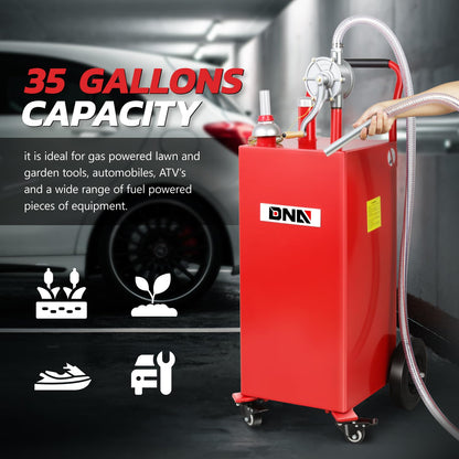 DNA MOTORING 35 Gallon Gas Caddy Fuel Tank Container, Large Gasoline Diesel Can with Wheels, Rotary Hand Pump for Cars, Lawn Mowers, ATVs, Boats, TOOLS-00387