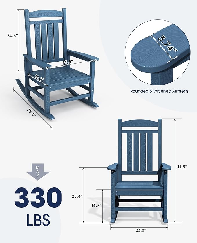 KINGYES HDPE Rocking Chairs Outdoor, Patio Rocking Chairs with 330lbs Support, Smooth Porch Rocker for Deck Lawn Yard, Navy