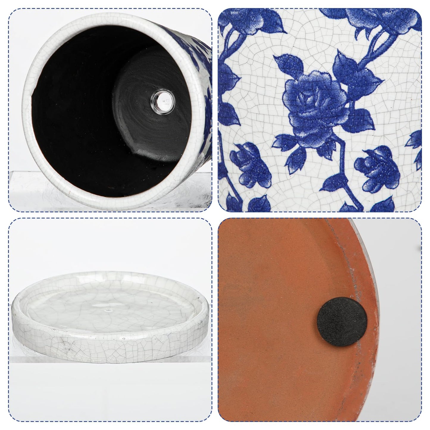 Ceramic Pot for Indoor Plants - 5.5 inch Flower Pot for Plants with Drainage Holes and Saucer Ice Crack Diamond Rose Flower Pattern Ceramic Planter for Outdoor Indoor Herb Snake Plant (Blue & White)