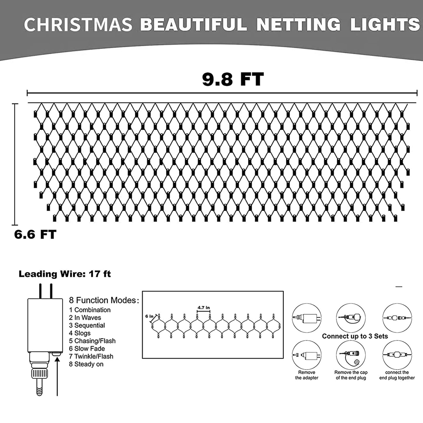 Christmas Lights Outdoor, 200 LED 9.8 FT x 6.6 FT Waterproof Christmas Net Lights Outdoor Plug in with 8 Modes, Clear Wire Mesh Light Decorations for Xmas Indoor Tree Bush Yard Home Decor, Warm White