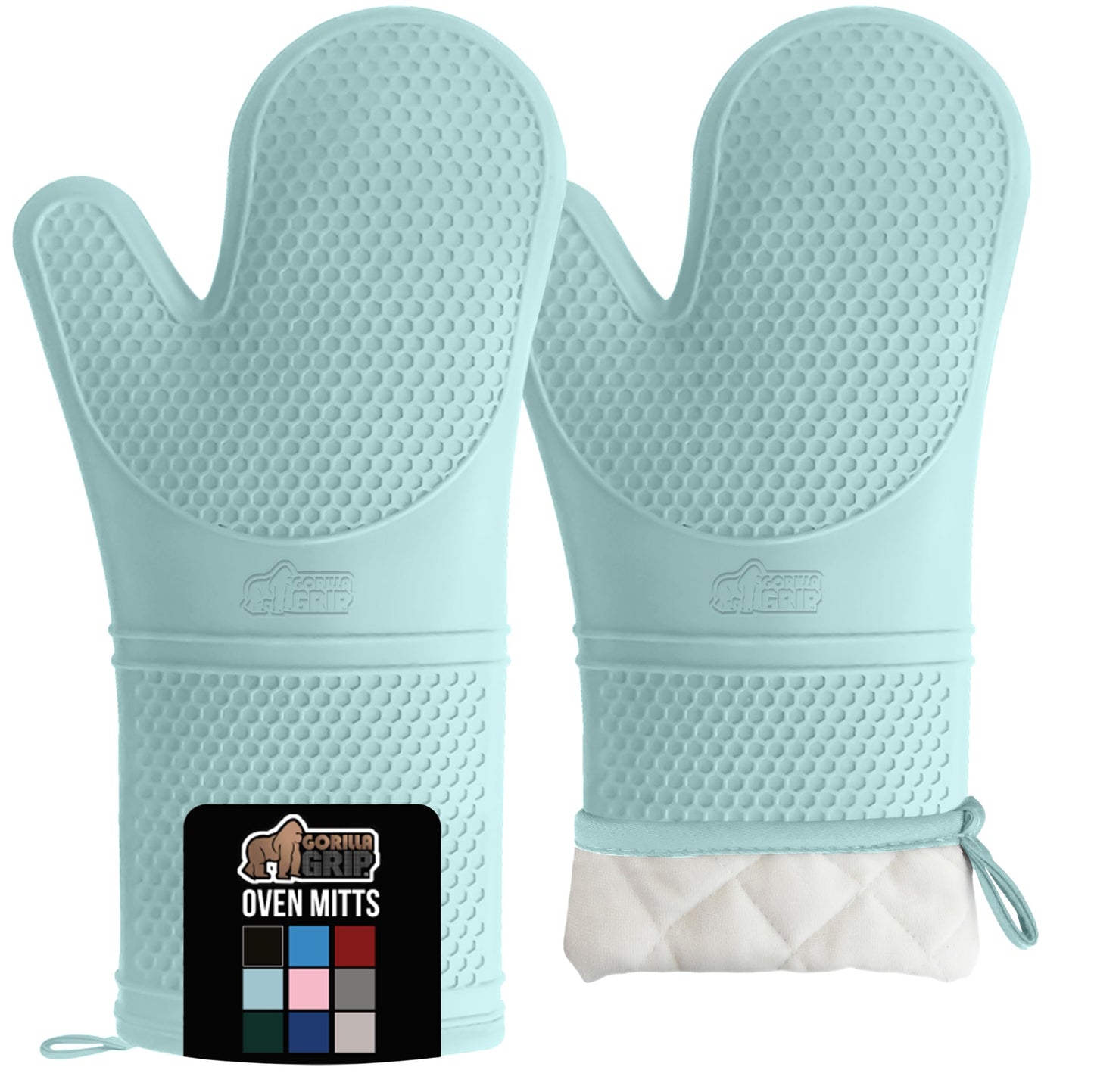 GORILLA GRIP BPA-Free Soft Silicone Oven Mitts and Pot Holders Sets, Heat Resistant Waterproof Cooking Gloves, Thick Cotton Lining, Flexible Gripping for Baking Grilling, Kitchen Trivets, Turquoise