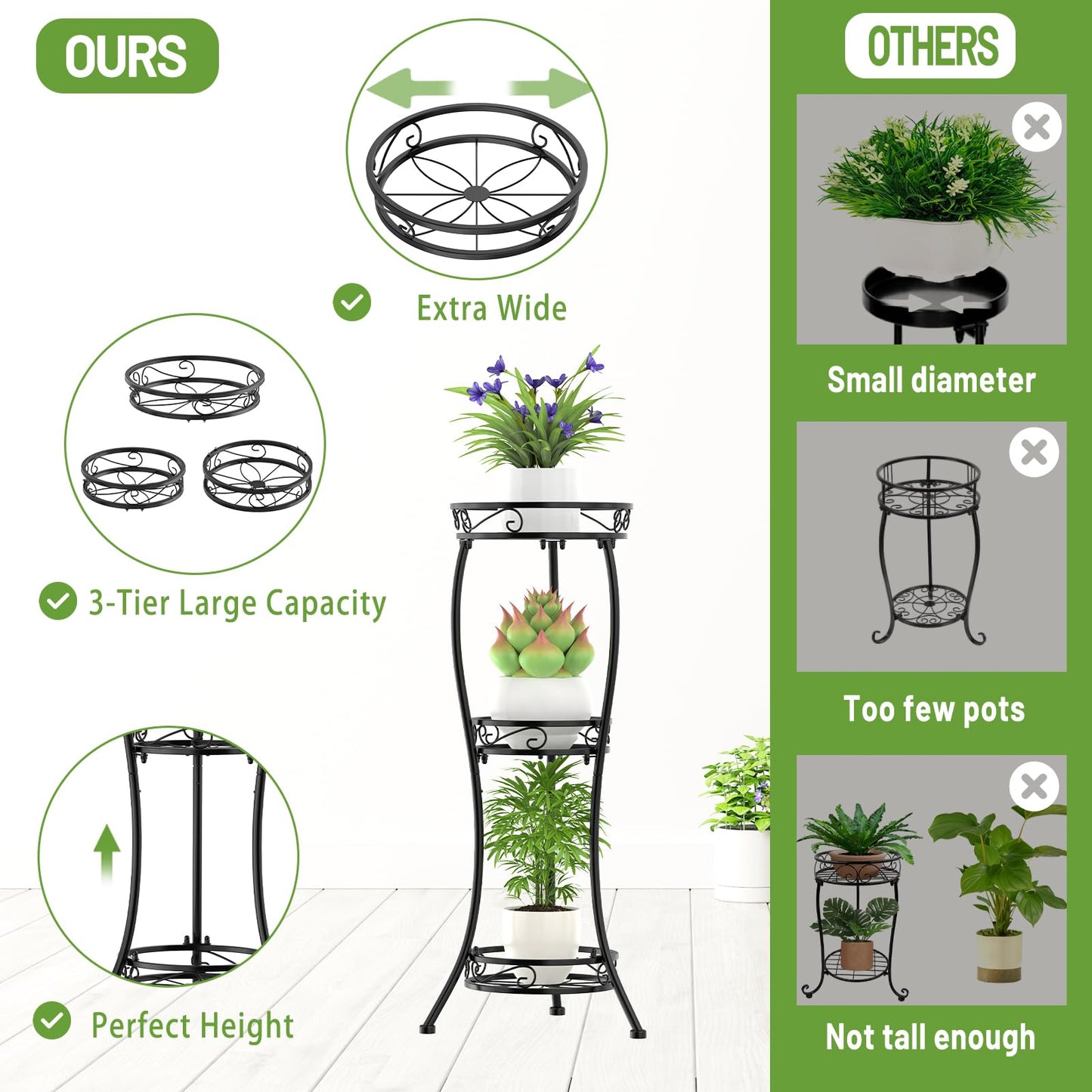 iDavosic.ly 3 Tier Tall Metal Plant Stand Indoor Outdoor, Wrought Iron Corner Flower Pot Holder Shelf, 34 Inch Vertical Display Rack for Patio Porch Living Room Garden, Black