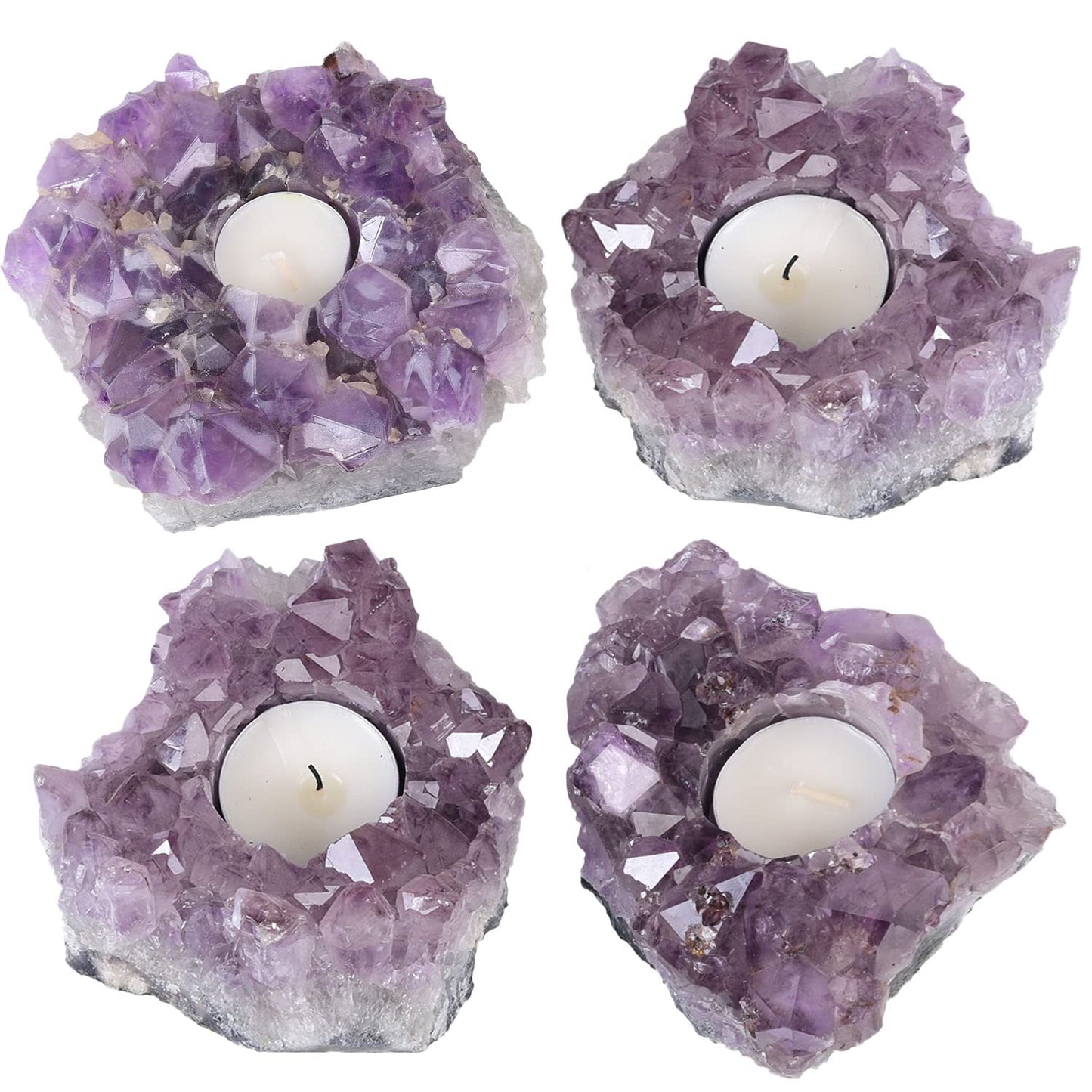 JIC Gem Amethyst Candle Holder Natural Purple Crystals Candle Stand Large Amethyst Tealight Candle Holders Home Decoration 5.5 Inch